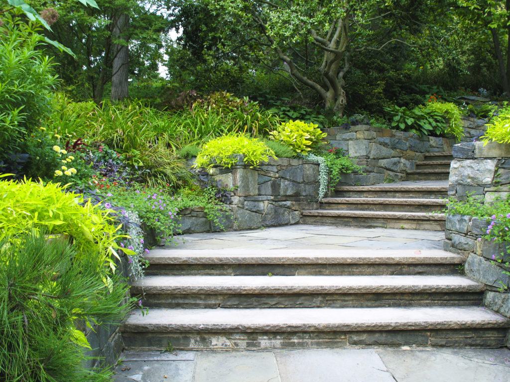 Custom stone steps framed by beautiful greenery.