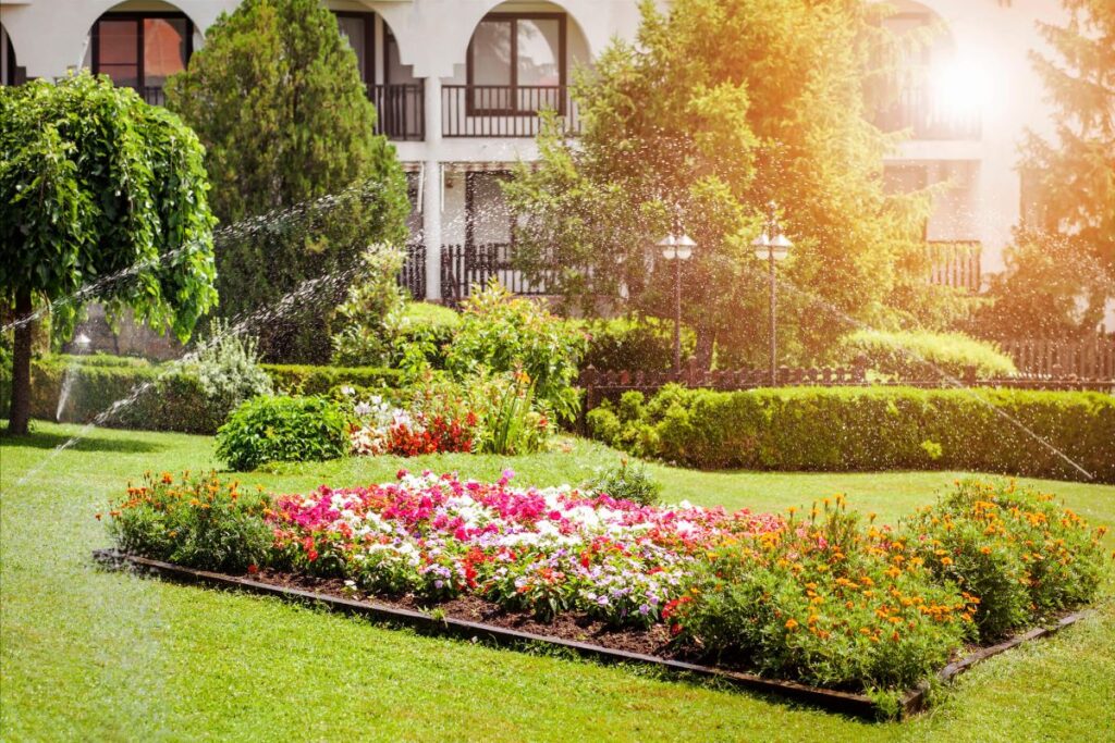 A photo of a professional custom landscaped property with gardens, trees, and hedges.