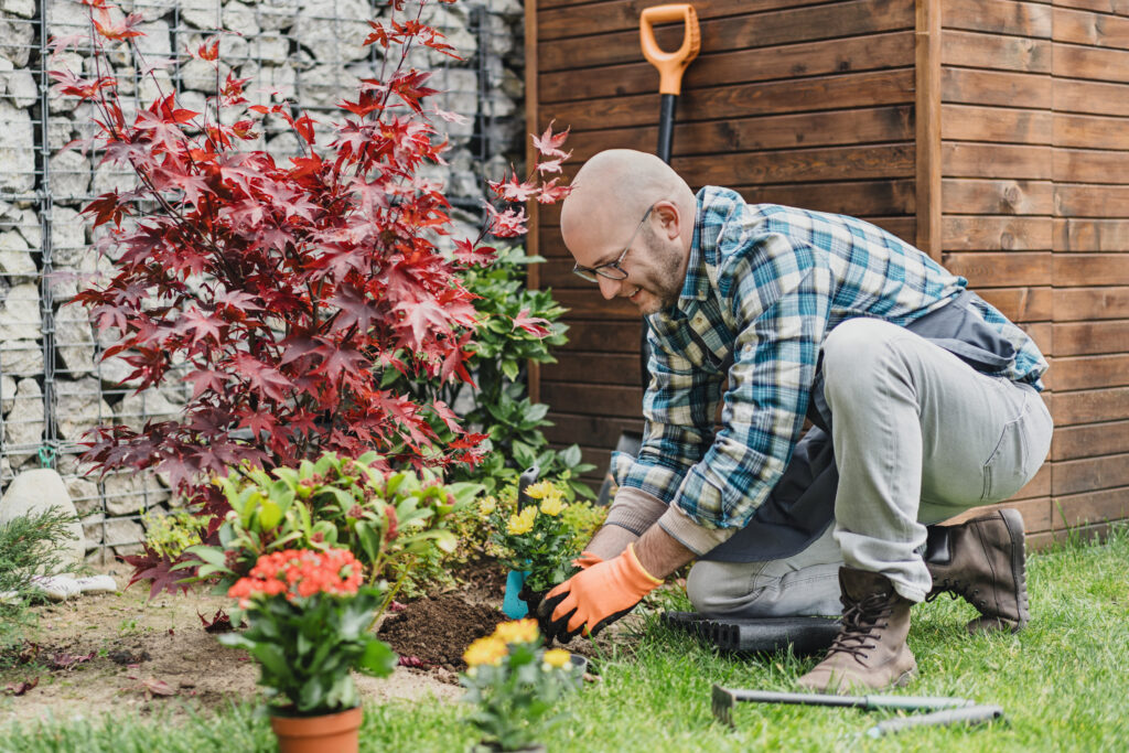 Male gardener worker planting flowers in the garden horizontal shot