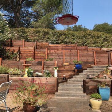 A tiered backyard with dark stained wooden retaining walls forming multiple planted terraces and central concrete steps.